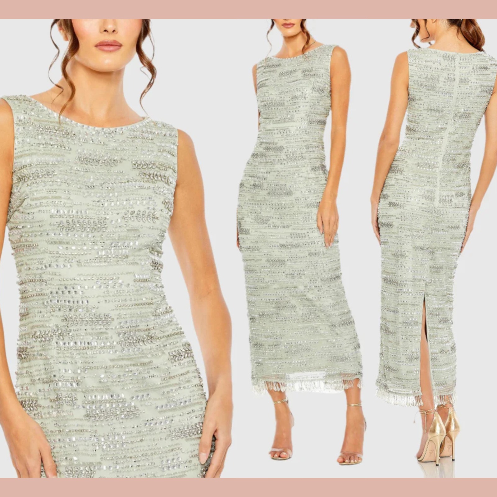 Nwt Mac Duggal [ 4 ] 93834 Sleeveless Crystal Fringe Column Dress Sage #J2343